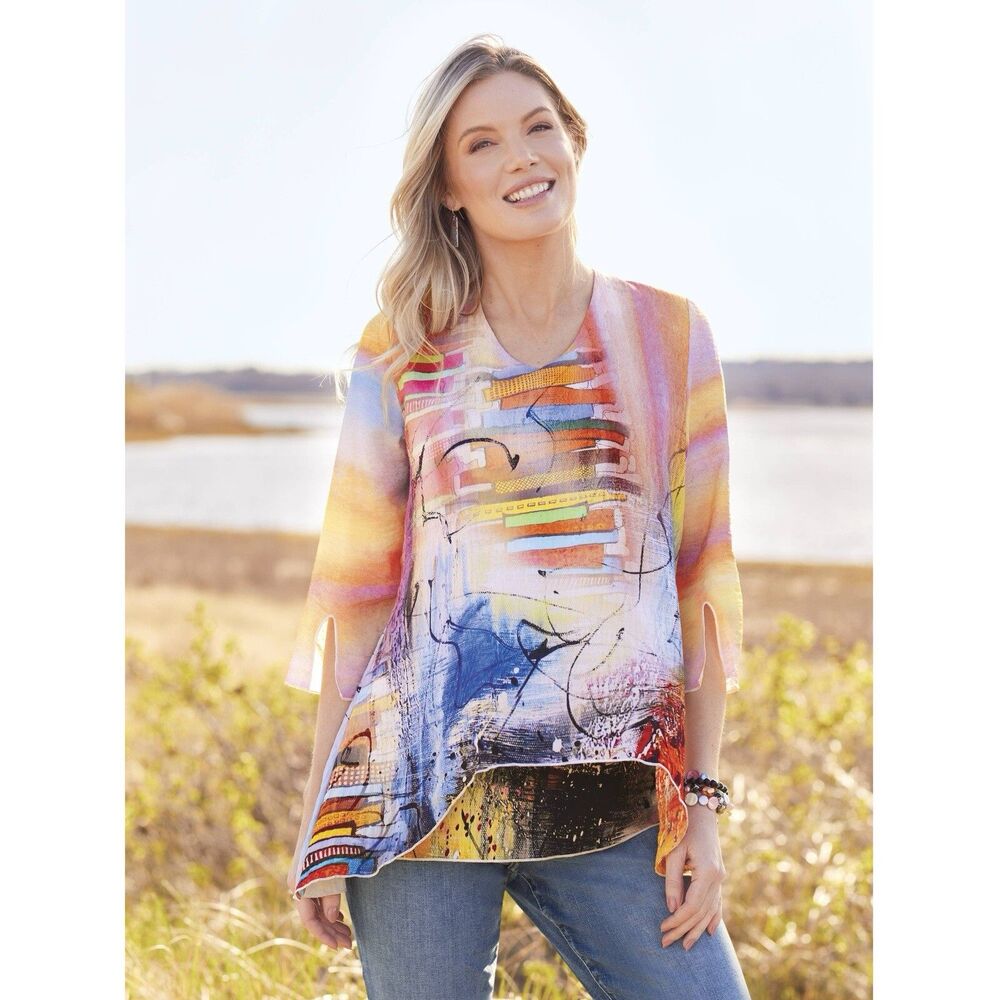 North Style Women’s Tiered Abstract Woven Top 2X Layered Funky Artsy Art To Wear